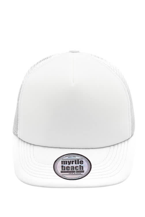 A white 5 panel flat peak cap with a grey mesh back and a circular logo on the front.