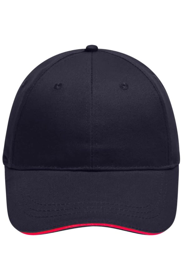 A navy blue cap with a red underbrim and a logo on the front, featuring a six-panel design.