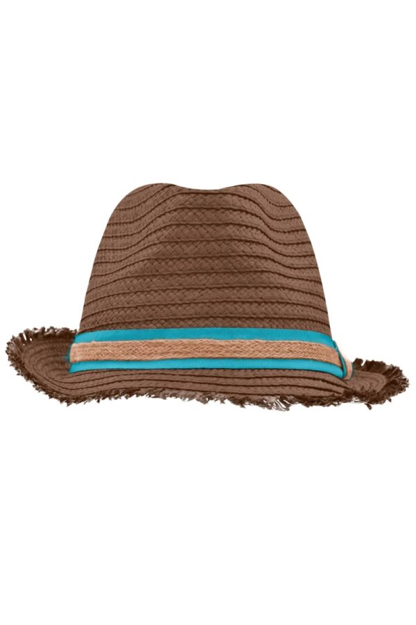 A brown straw hat with a turquoise and beige band and frayed edges. It features a logo on the band.