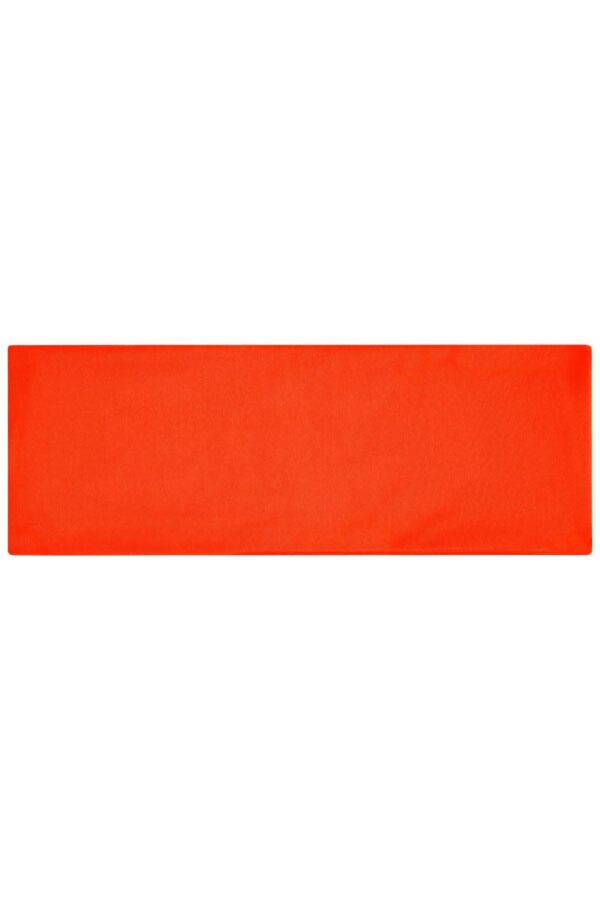 An orange running headband featuring a smooth texture and a logo.
