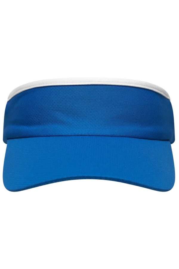 A blue sport sunvisor with a white band, featuring a logo on the front.