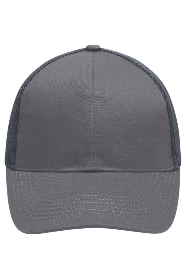 A grey 6 panel air mesh cap with a solid front and mesh sides, featuring a branding logo on the front.