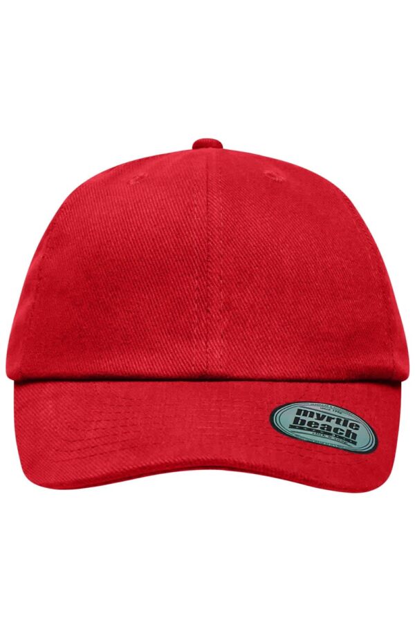 A red 6 panel heavy brushed cap with a curved brim and a logo on the front.