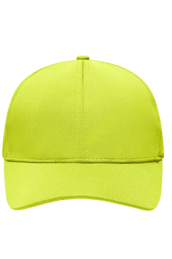 A bright lime green 6-panel sport mesh cap with a curved brim and a logo on the front.