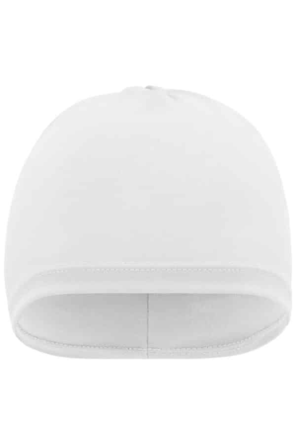 A white running beanie with a fitted design and a smooth finish. It features a logo on the front.