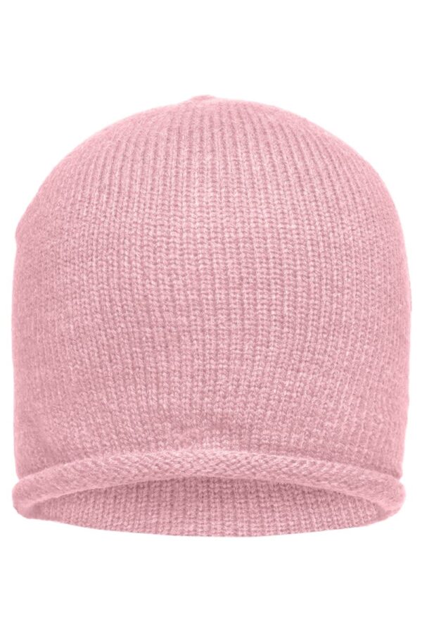 A pink roll-up beanie with a textured knit design. The beanie has a folded hem and features a logo.