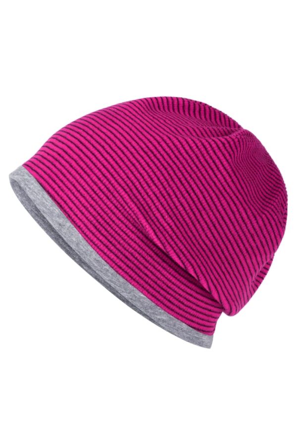 A pink and grey striped beanie with a structured design. It has a logo on the side.