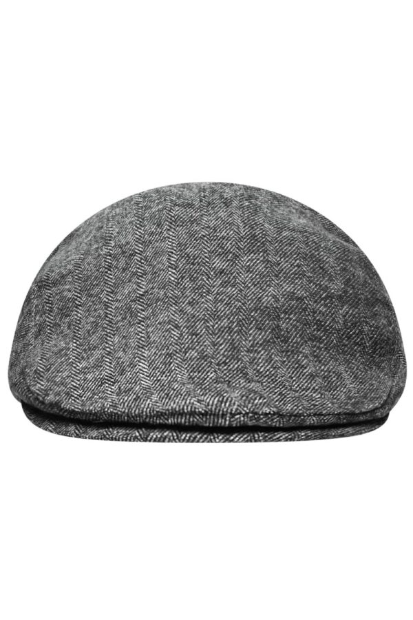 A grey herringbone cap with a rounded shape. The cap features a branded logo on the side.