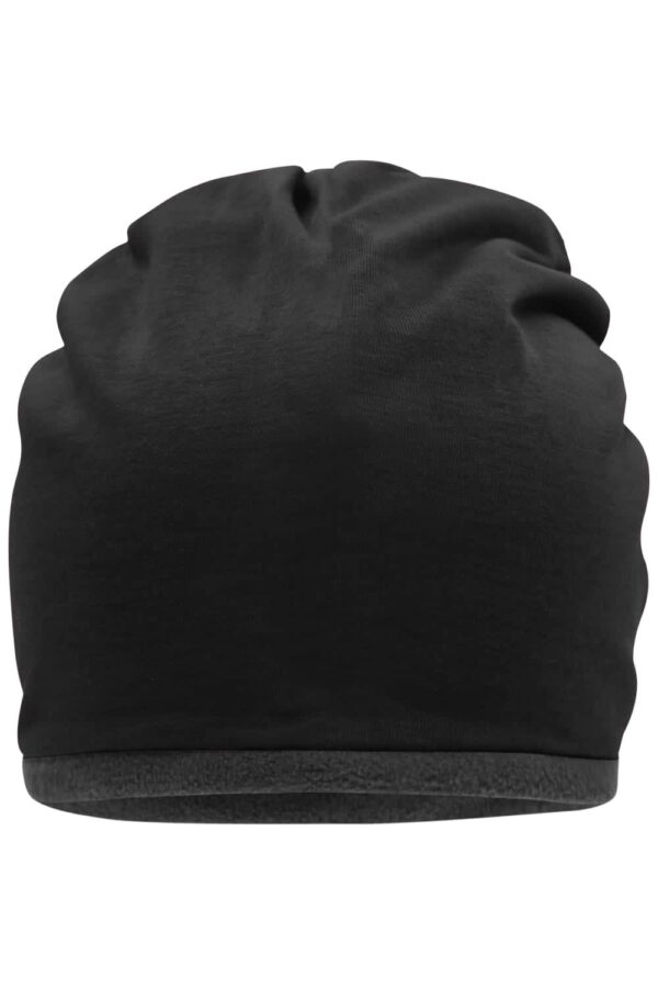 A black fleece beanie featuring a soft inner lining and a simple design. It has a logo on the side.
