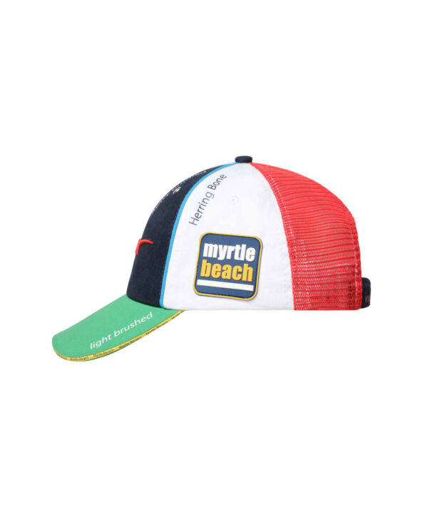 A multi-coloured cap featuring a mesh back and a branded front logo. The colours include red, blue, white, and green.