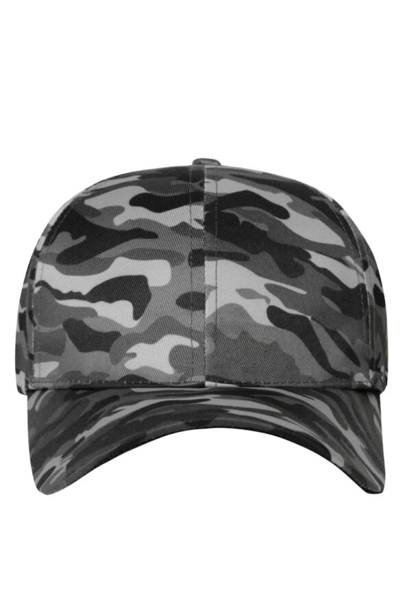 A camouflage cap featuring shades of grey, black, and green, with a structured six-panel design and a logo.