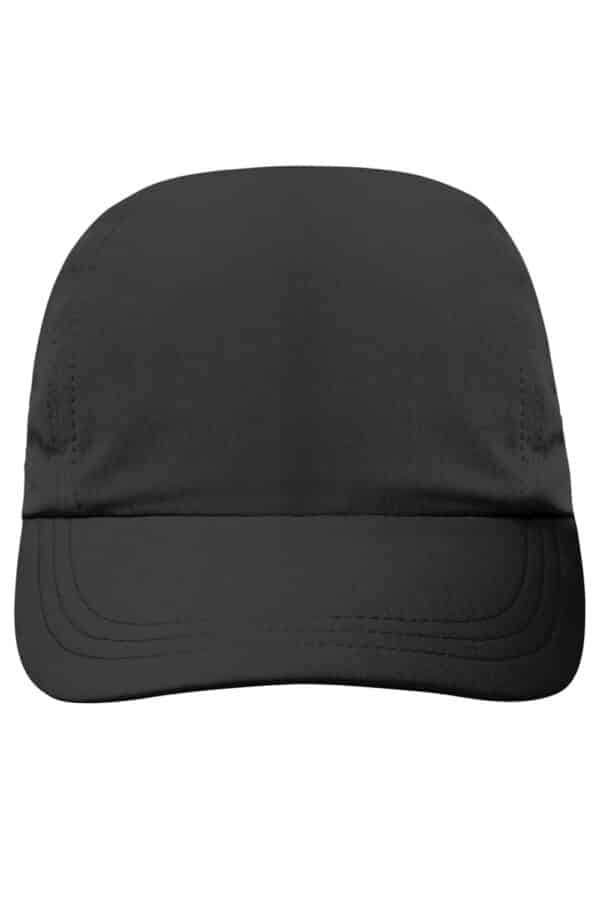 A black 3 panel cap featuring a curved brim and a simple design. The cap includes a brand logo.