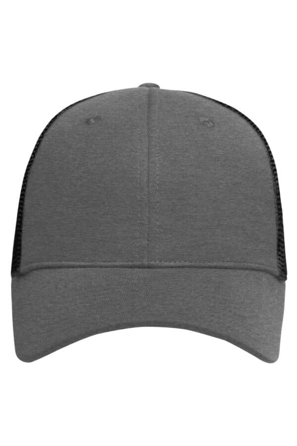 A grey 6 panel elastic fit mesh cap with a black mesh back and a logo on the front.