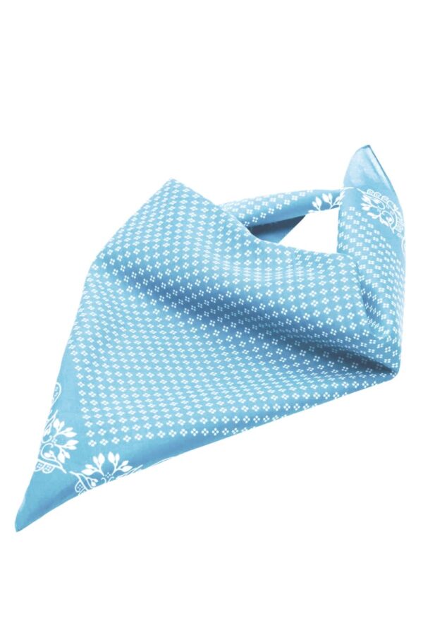 A blue traditional bandana with a patterned design and a triangular shape. It has a logo on it.
