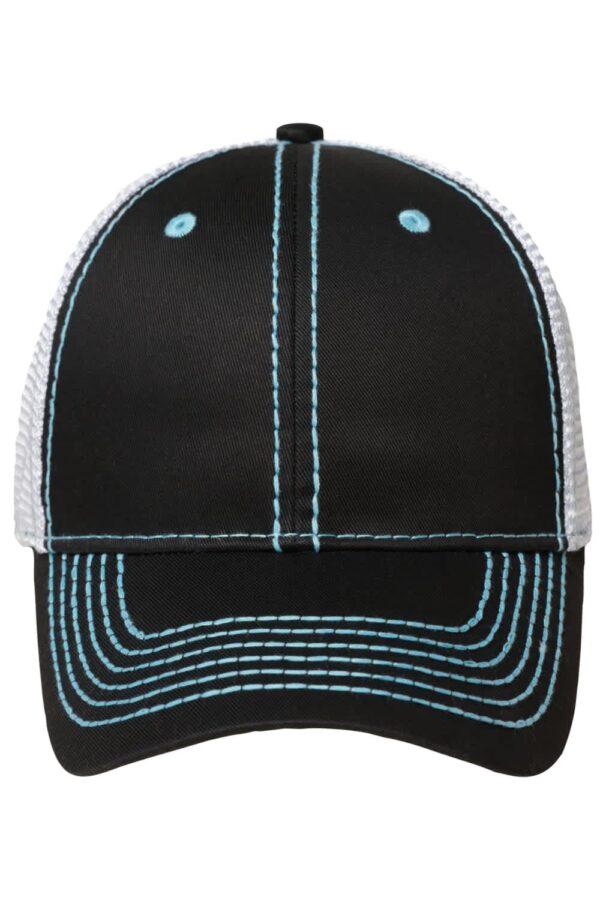 A black 6 panel mesh cap with light blue stitching and a white mesh back, featuring a logo on the front.