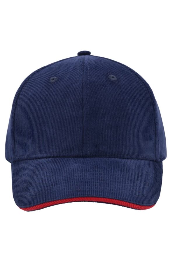 A navy blue corduroy cap with a red underbrim and a logo on the front.