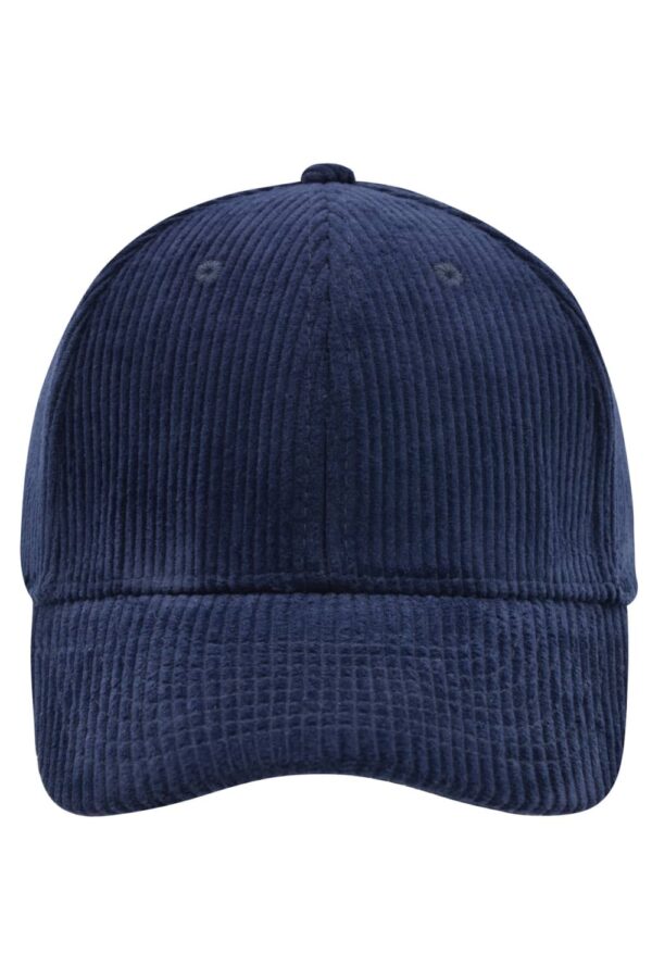 A corduroy cap in navy blue with a structured six-panel design and an adjustable back. Features a logo on the front.