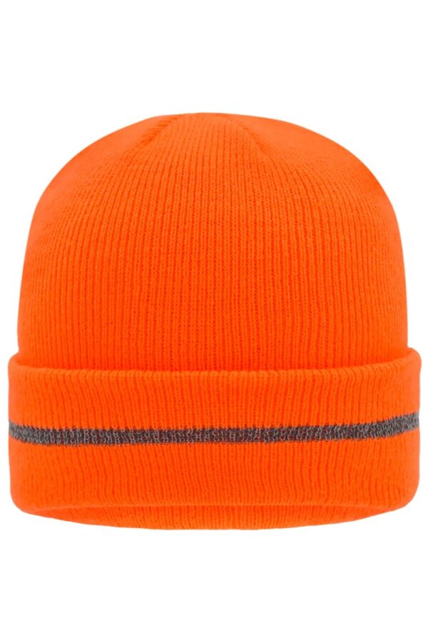A reflective beanie in bright orange with a grey stripe along the band and a logo on the front.