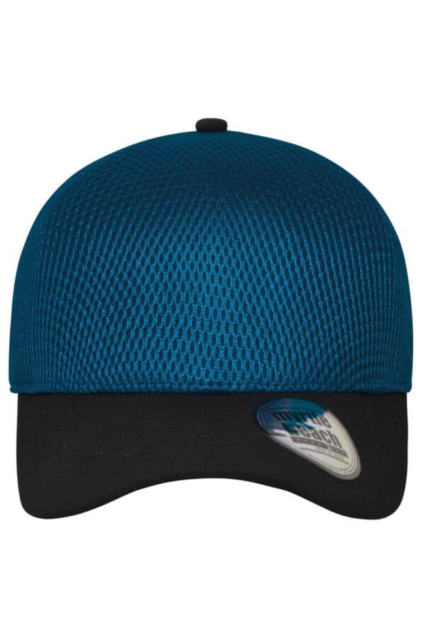 A seamless mesh cap featuring a teal top and black brim, with a logo on the side.