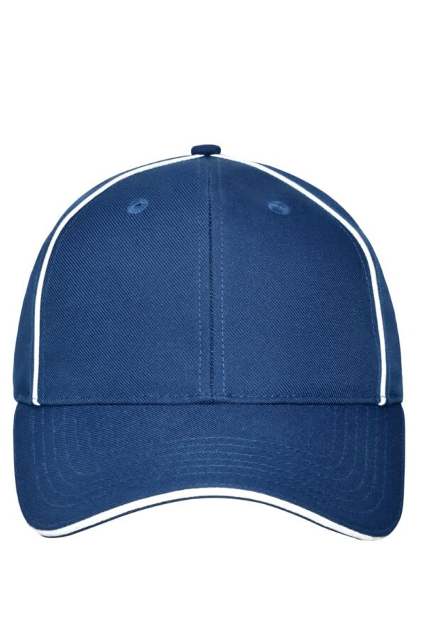 A solid navy blue 6-panel workwear cap with contrasting white piping and a logo on the front.