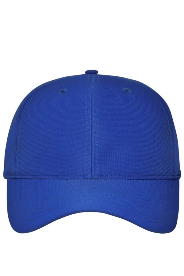 A blue six-panel workwear cap with a curved brim and a logo on the front.
