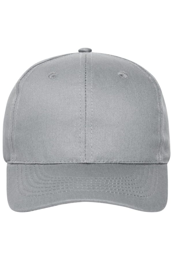 A grey 6 panel cap made from bio cotton, featuring a curved brim and a logo on the front.