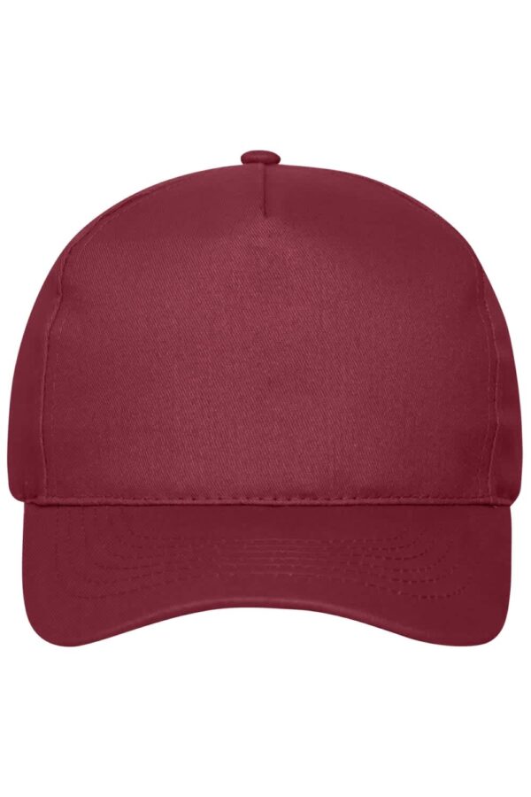 A burgundy 5-panel cap made from bio cotton, featuring a logo on the front. Suitable for casual wear.