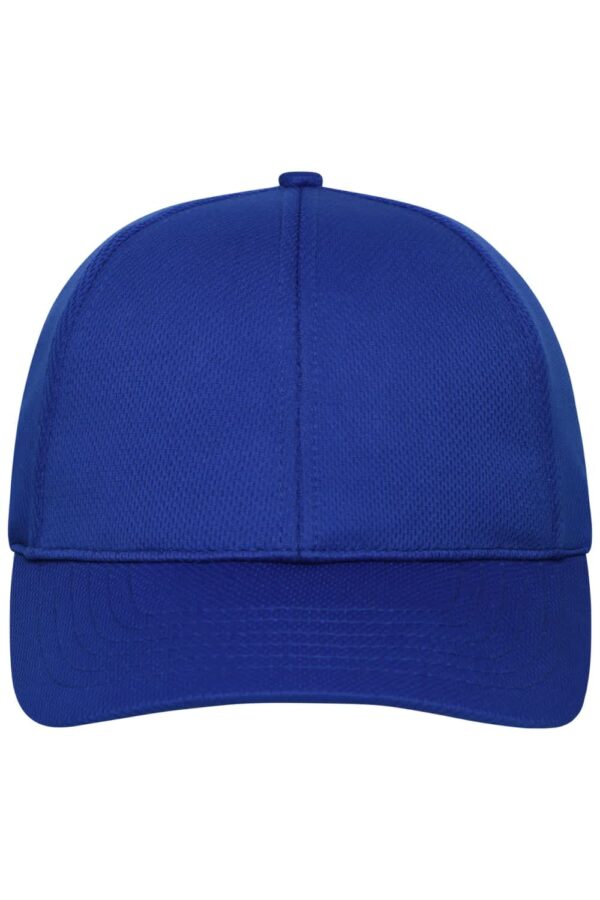 A blue six-panel sports cap with a structured design and a logo on the front.
