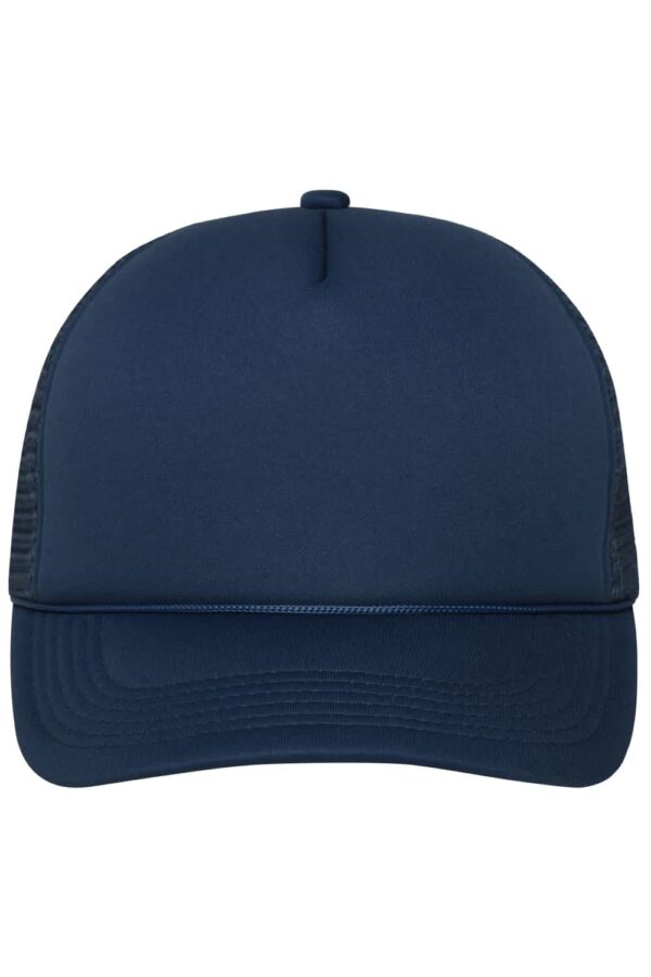 A navy blue 5-panel retro mesh cap with a solid front and mesh sides, featuring a logo on the front.