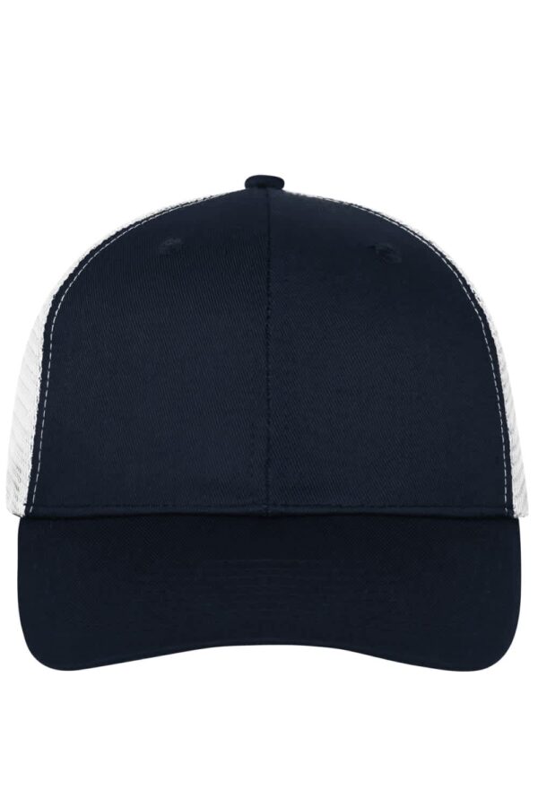 A navy 6 panel mesh cap featuring a solid front and white mesh sides, with a logo on the front.