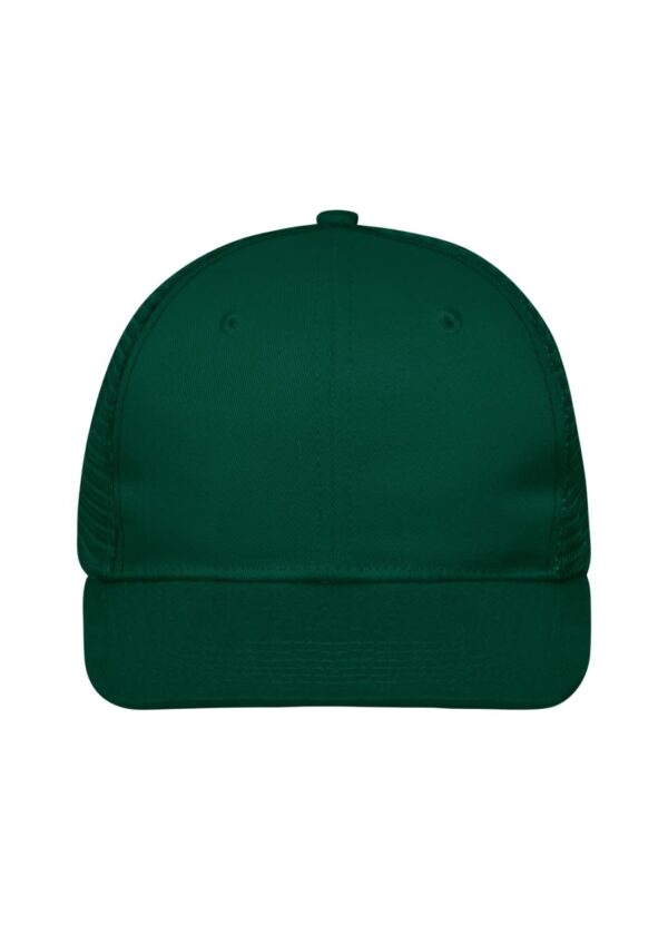 A green 6 panel flat peak cap featuring a structured design and an adjustable back. It has a logo on the front.