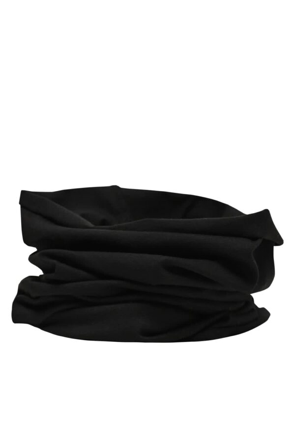 A black cotton bandanna with a versatile, stretchy design. Features a branding logo.
