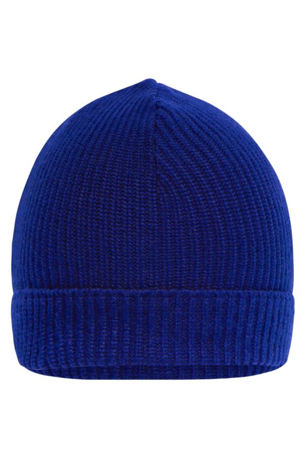 A blue beanie with a ribbed texture and a folded hem, featuring a logo.