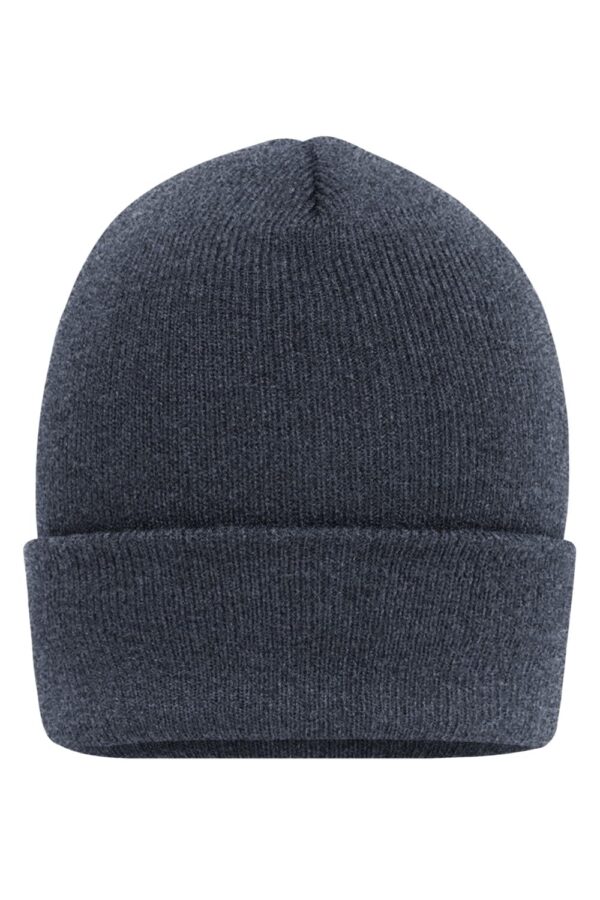A dark grey high brim beanie with a ribbed texture and a folded cuff. It features a logo on the side.