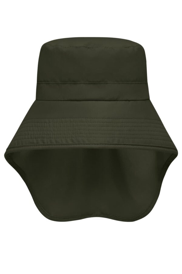A green hat with a wide brim and an extended neck guard, featuring a simple design.