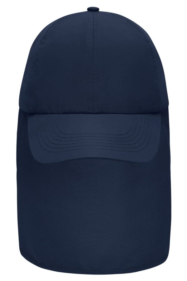 A navy six-panel cap with a neck guard and a logo on the front.