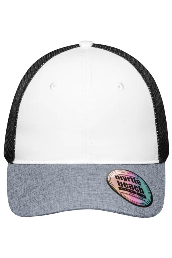 A six-panel mesh cap in white and grey, featuring a curved brim and a branding sticker on the side.