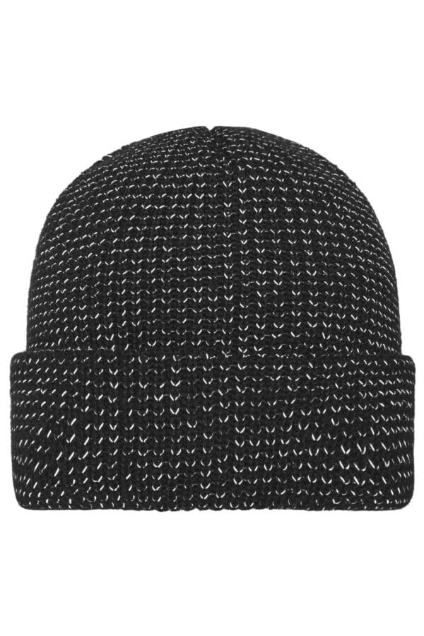A black reflective winter beanie with a knitted texture and a folded cuff, featuring a logo.