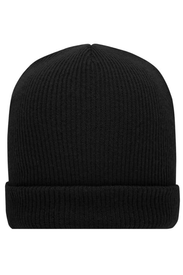 A soft knitted winter beanie in black with a ribbed texture and a rolled-up cuff. It features a logo.