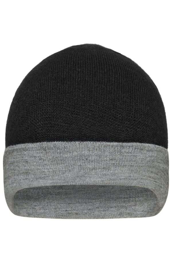 A reversible beanie featuring a solid black top and a grey brim, with a logo on the inner side.