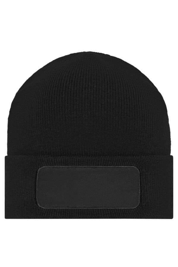 A black knitted beanie with a patch area for customization.