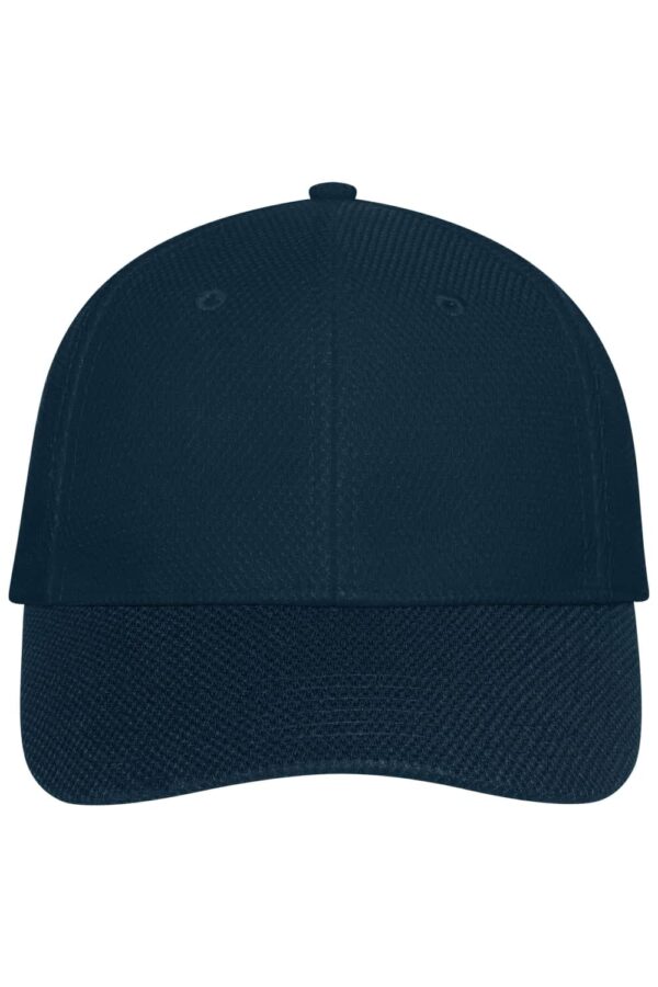 A dark blue 6 panel mesh cap with a solid front and a curved brim, featuring a logo at the front.