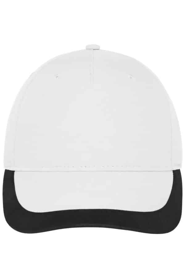 A 5 panel sports cap in white with a black peak, featuring an emblem on the front.