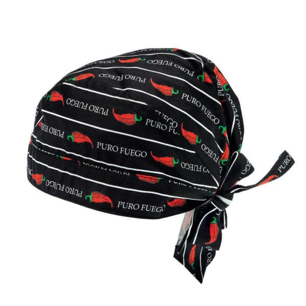 A white bandana with a tied knot, featuring a simple design suitable for various occasions.