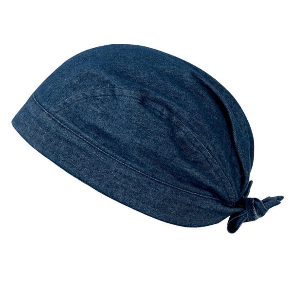 A blue denim bandana with a tied knot at the back and a seamless design. It features a logo.