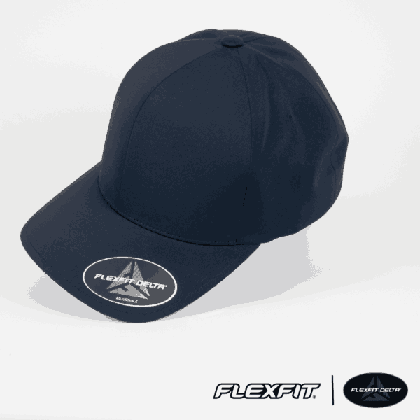 A navy cap with a curved brim, featuring a logo on the front and a smooth finish.