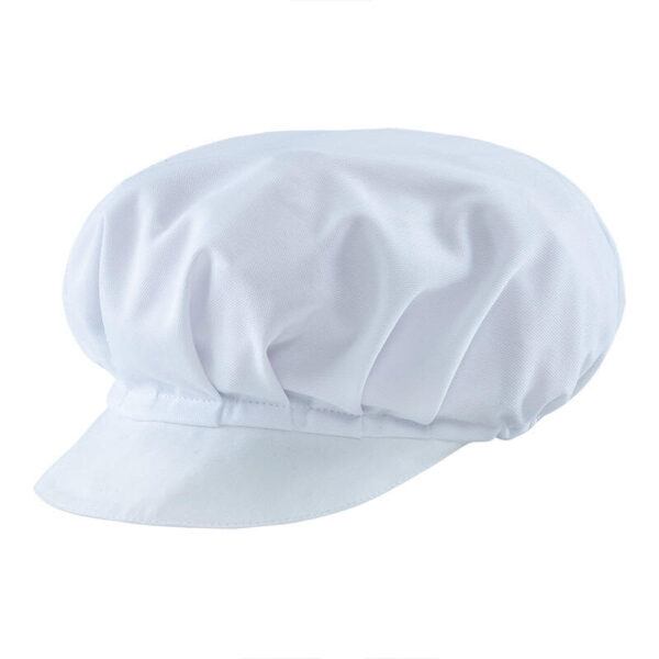 A white cap with a large, rounded crown and a small visor, featuring gathered fabric details.