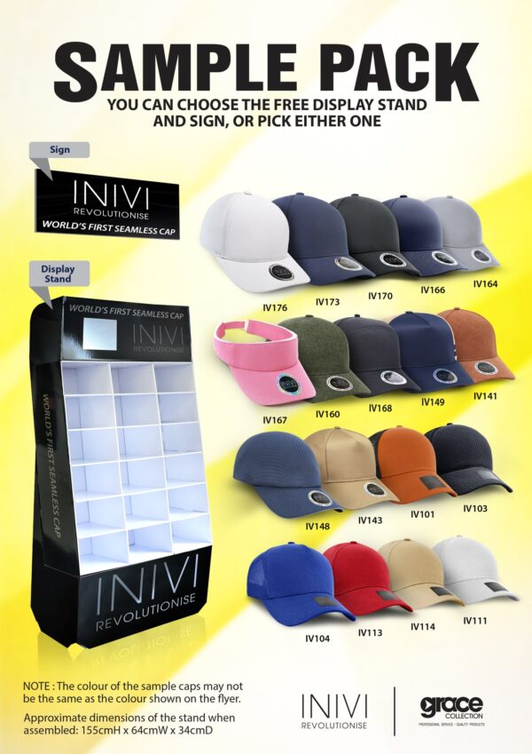 A display of various caps in multiple colours, with a sample pack sign and a display stand featuring a logo.