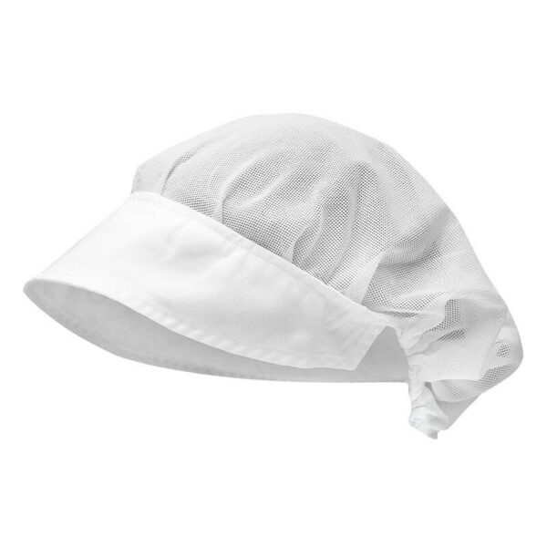 A white mesh cap with a soft brim and a gathered back, featuring a logo on the side.