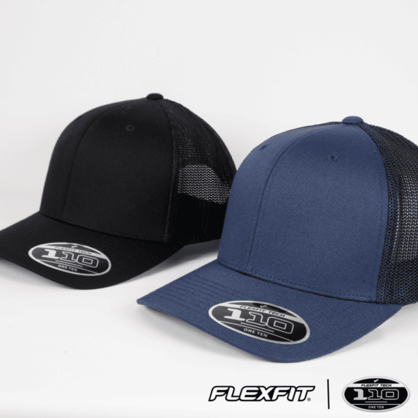 A black and a navy blue mesh trucker cap, both featuring a logo on the front.